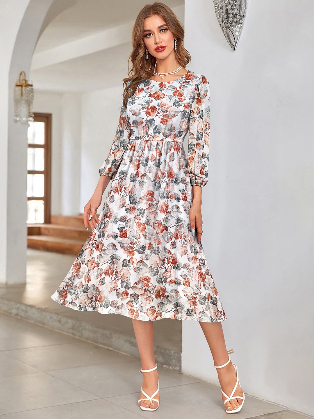 

BAESD Floral Printed Puffed Sleeves Georgette Fit & Flare Midi Dress, White