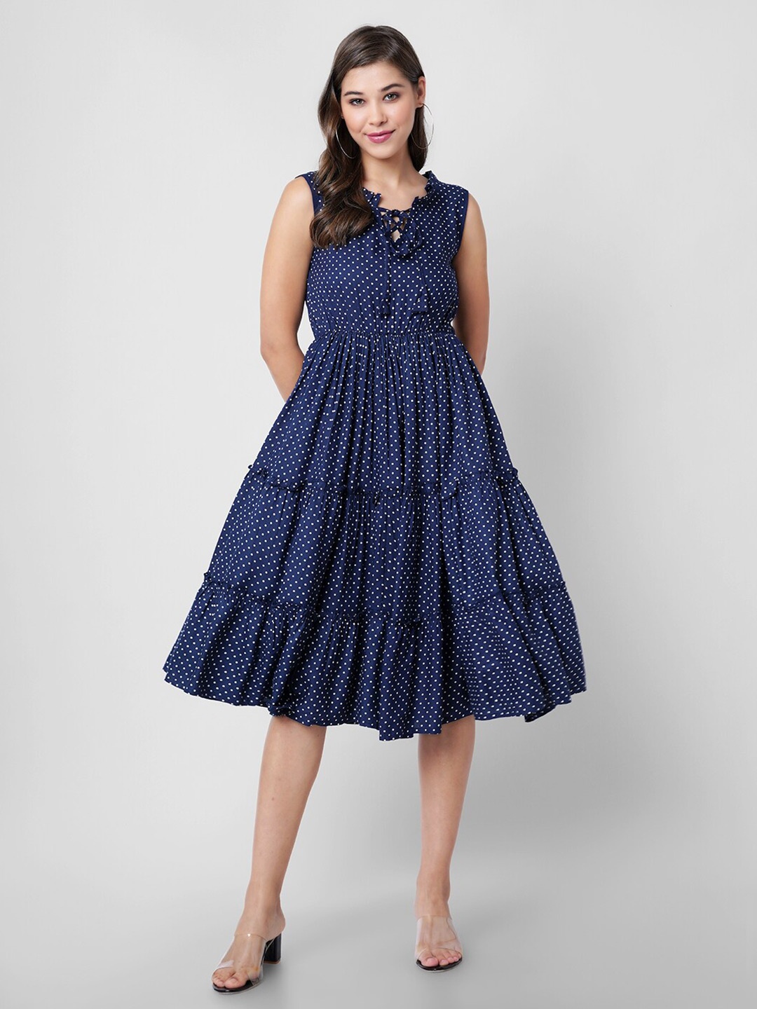 

DK FAB Polka Dot Printed Tiered Fit & Flare Midi Dress, Blue