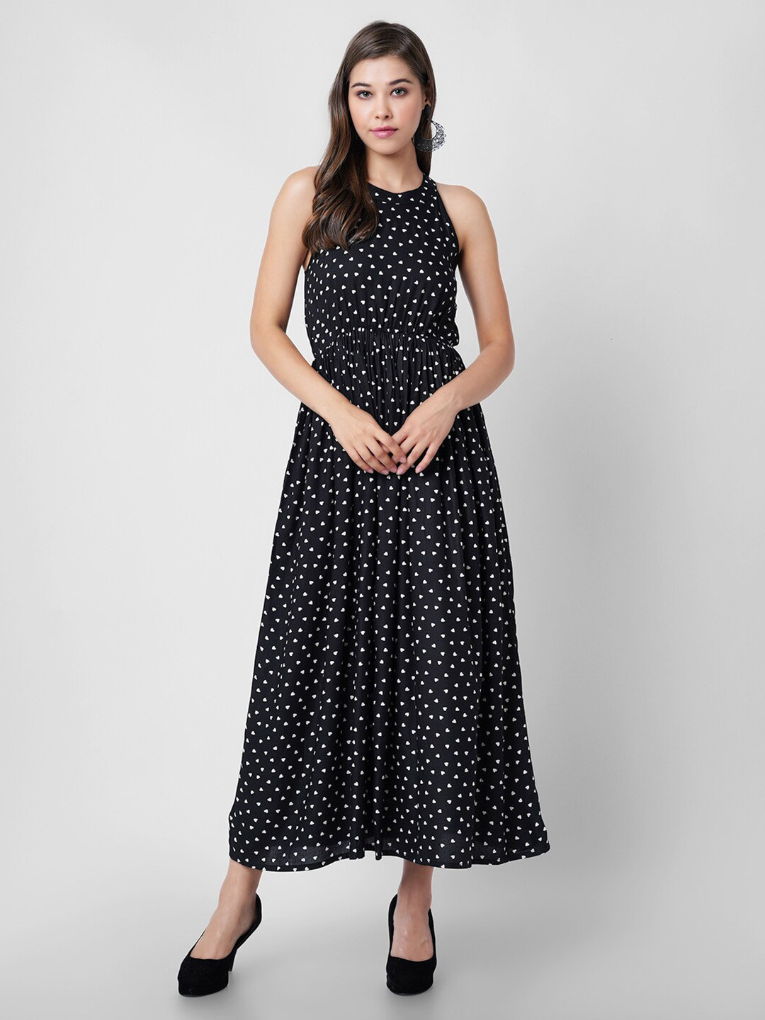 

DK FAB Conversational Printed Halter Neck Gathered Liva Maxi Dress, Black