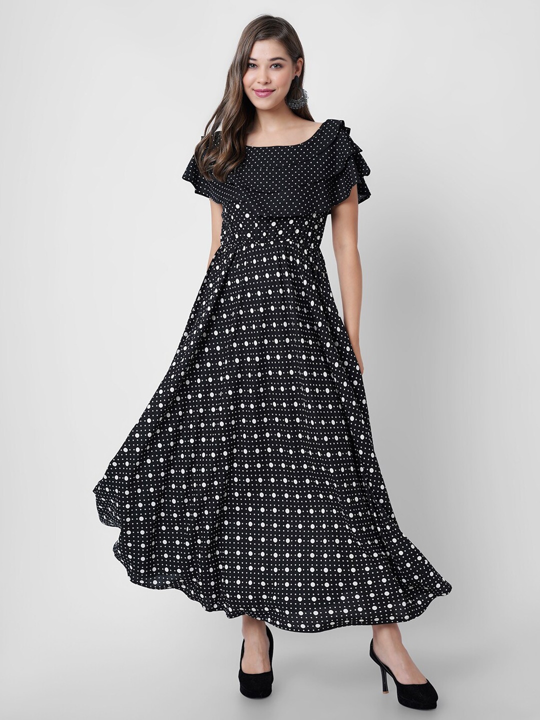 

DK FAB Polka Dot Printed Flutter Sleeve Fit & Flare Maxi Dress, Black