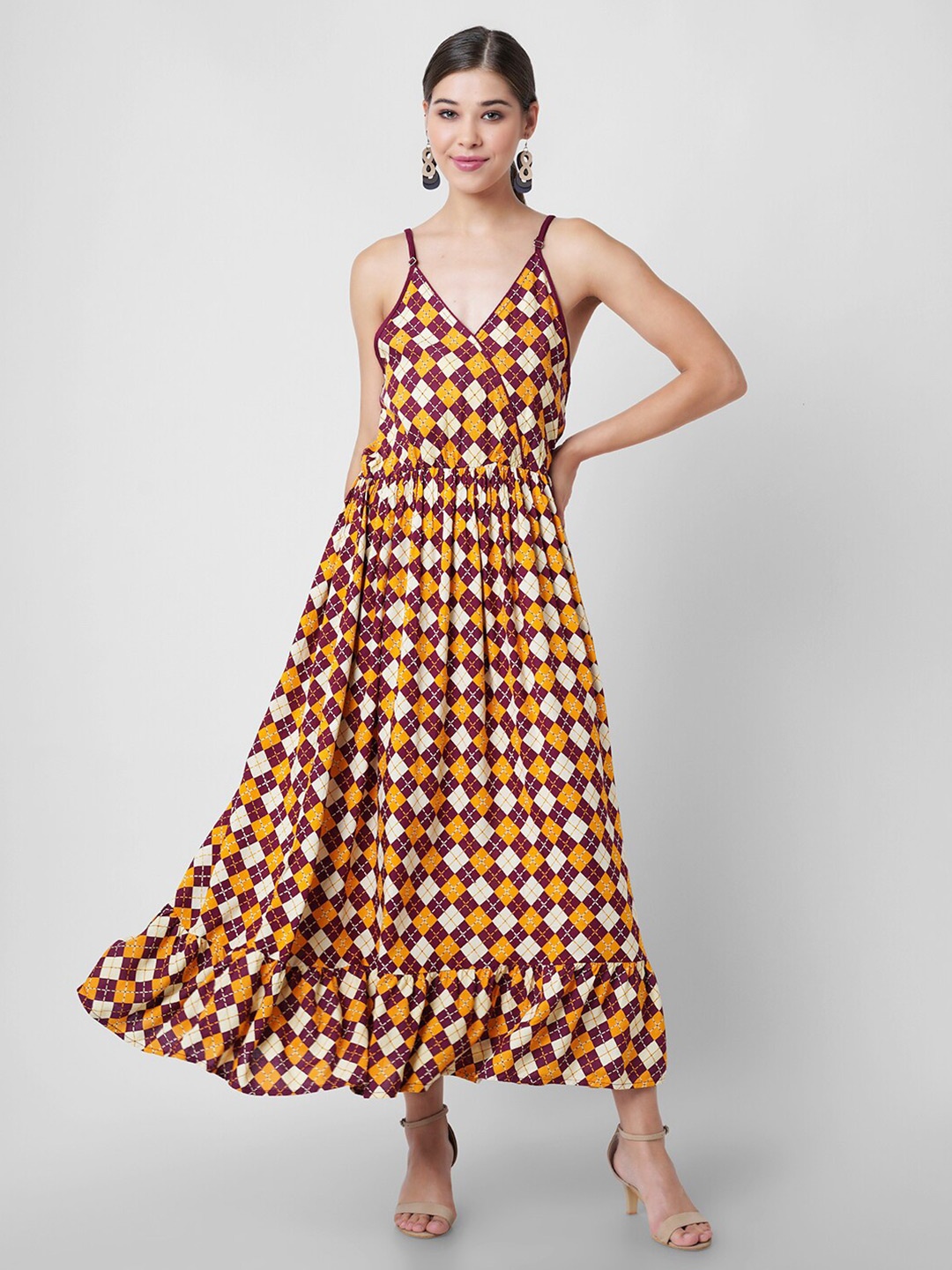 

DK FAB Geometric Printed Shoulder Straps Gathered Liva Maxi Dress, Yellow