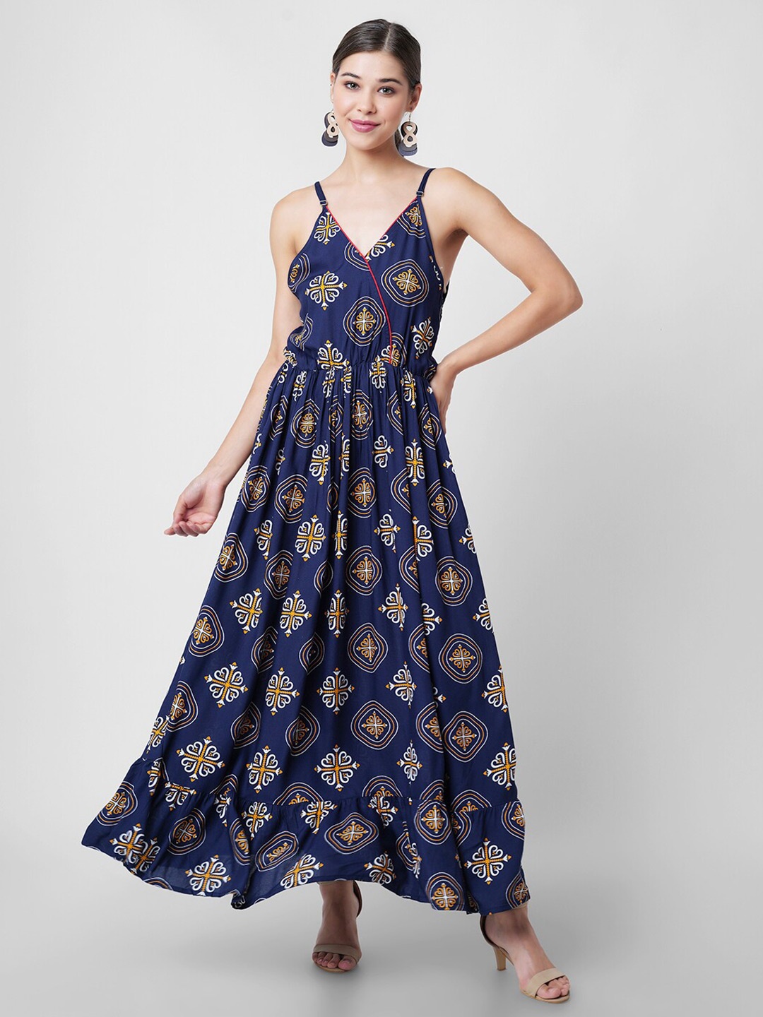 

DK FAB Ethnic Motifs Printed Shoulder Straps Gathered Liva Maxi Dress, Blue