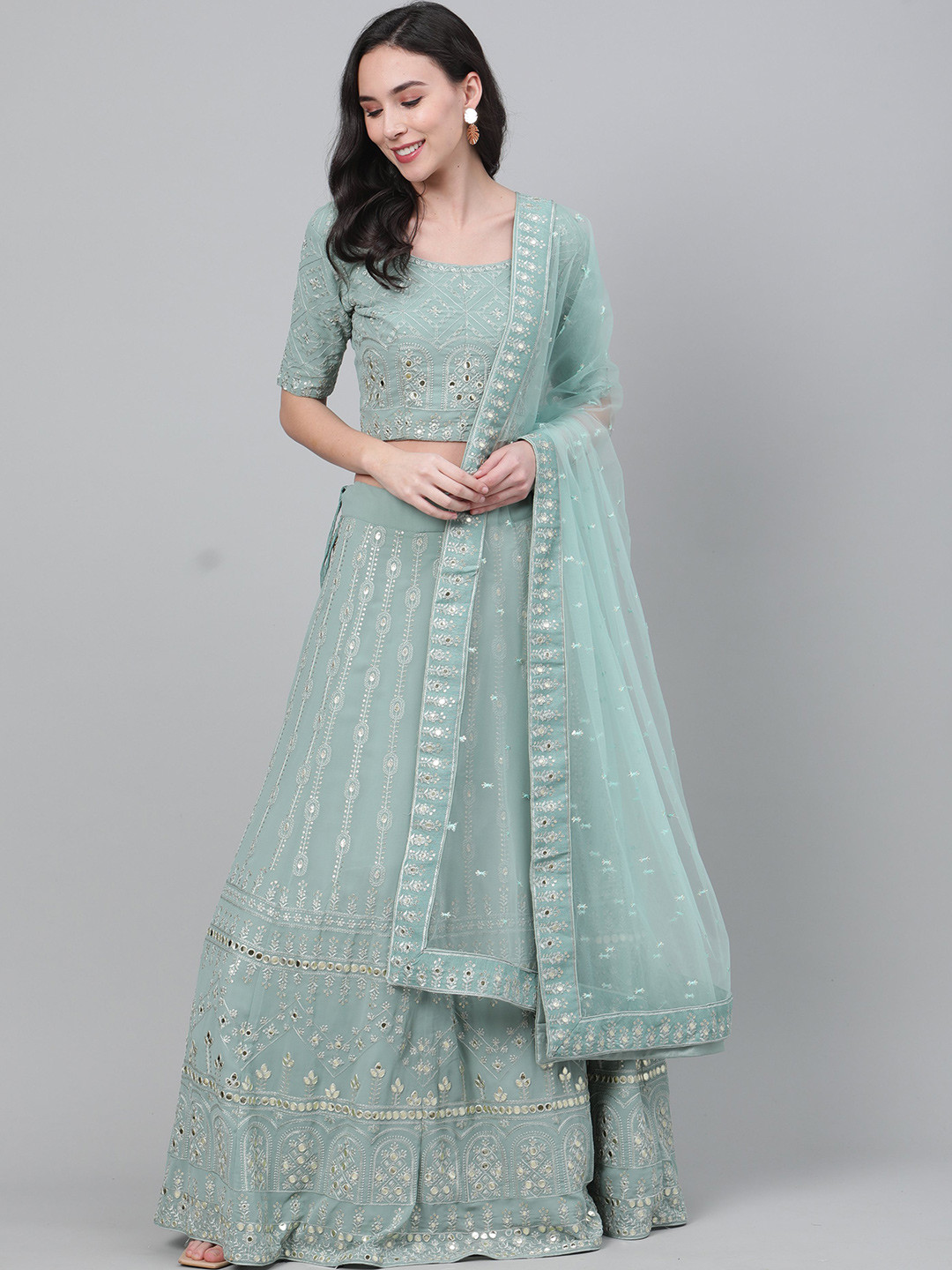 

Sangria Embroidery With Mirror Work Semi-Stitched Lehenga & Unstitched Blouse With Dupatta, Green