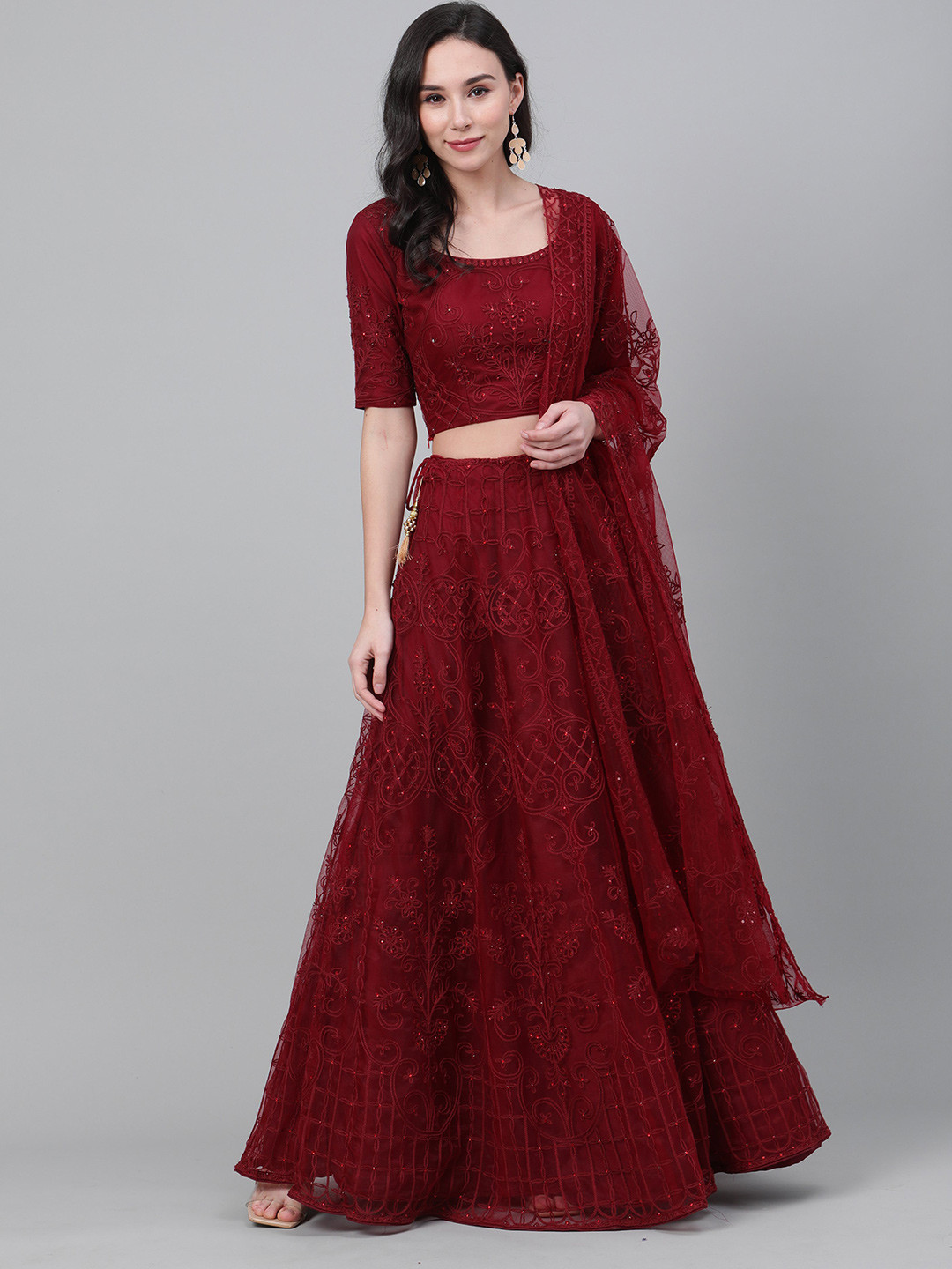 

Sangria Embroidered With Stone Work Semi-Stitched Lehenga & Unstitched Blouse With Dupatta, Maroon