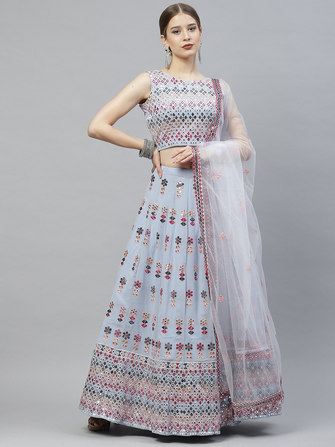 

Sangria Embroidery Mirror Work Semi-Stitched Lehenga & Unstitched Blouse With Dupatta, Blue