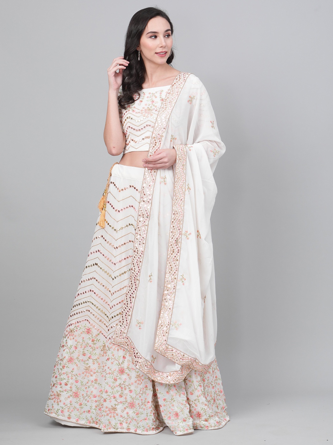 

Sangria Embroidery With Mirror Work Semi-Stitched Lehenga & Unstitched Blouse With Dupatta, White