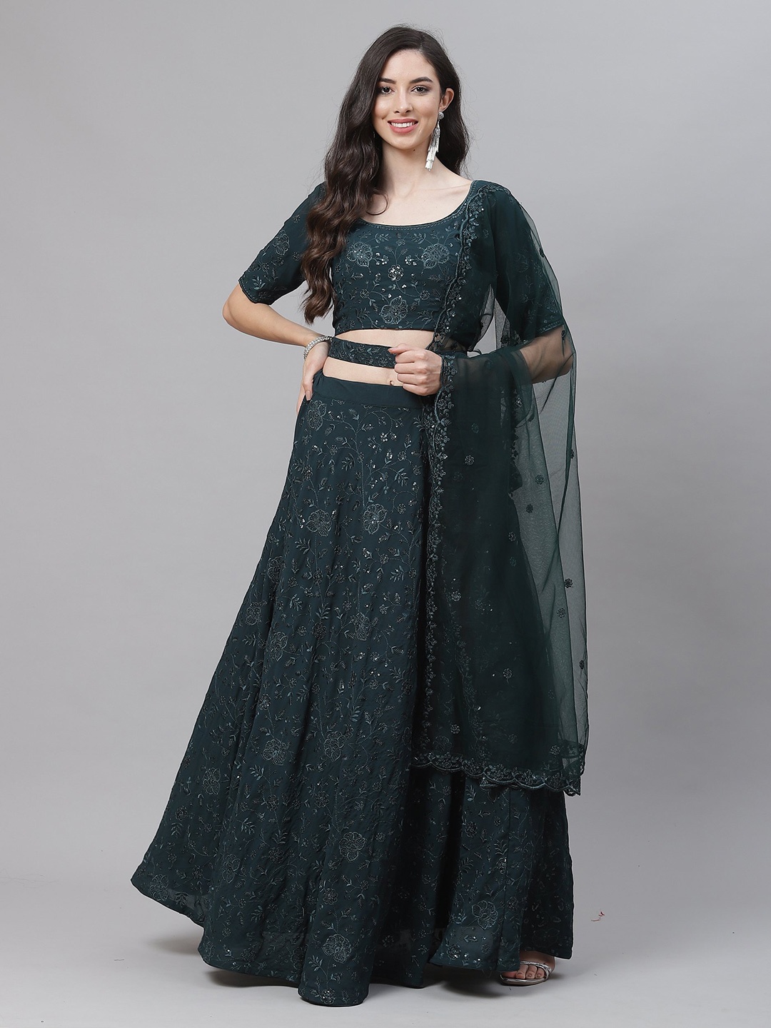 

Sangria Sequins Embroidery Work Semi-Stitched Lehenga & Unstitched Blouse With Dupatta, Green