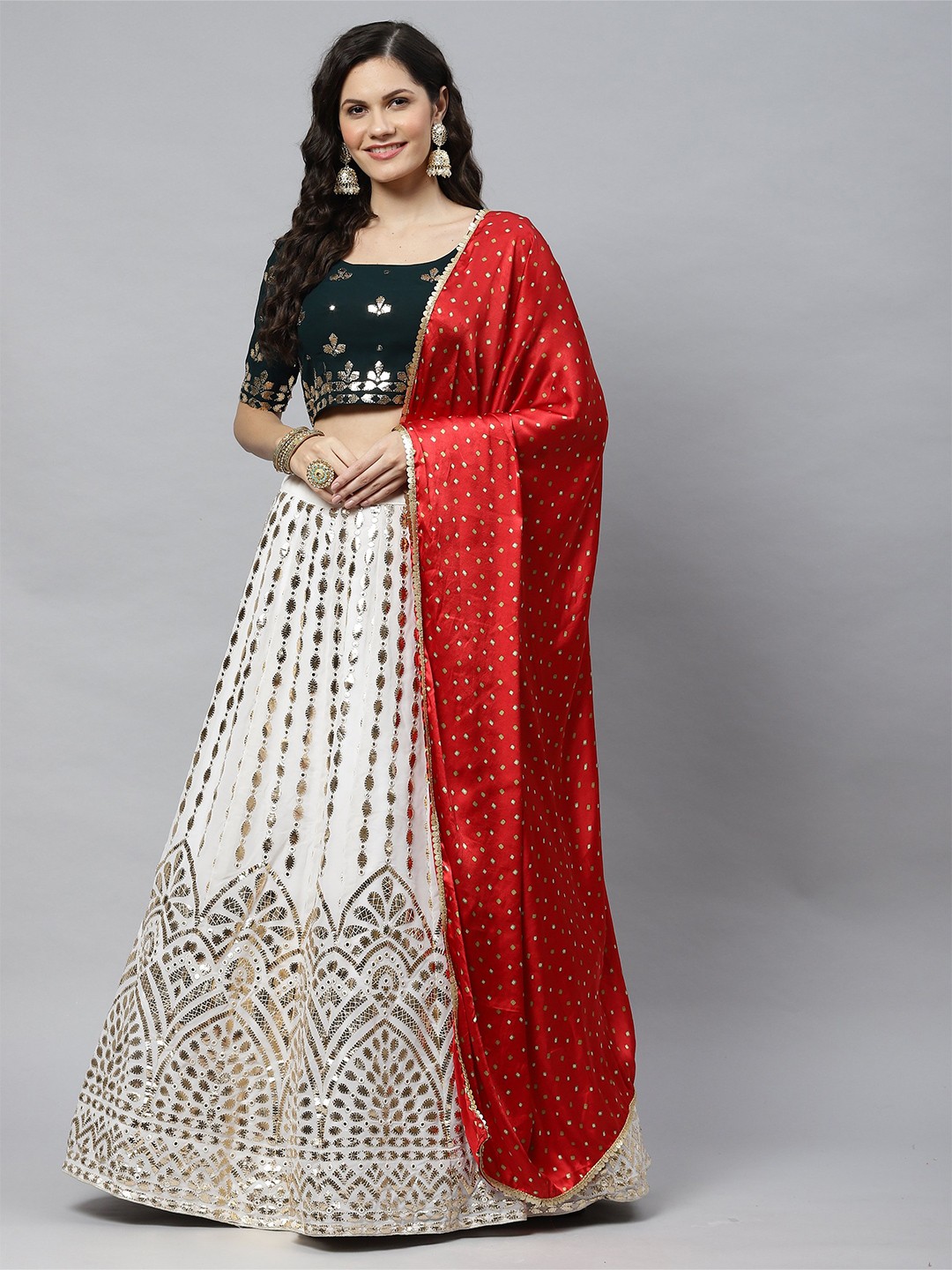 

Sangria Mirror Embroidery Work Semi-Stitched Lehenga & Unstitched Blouse With Dupatta, White