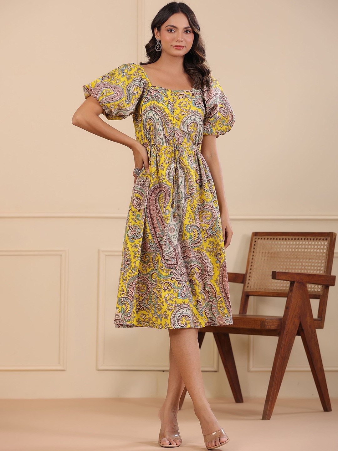 

Rain & Rainbow Ethnic Printed Puff Sleeves Pure Cotton Midi Dress, Yellow