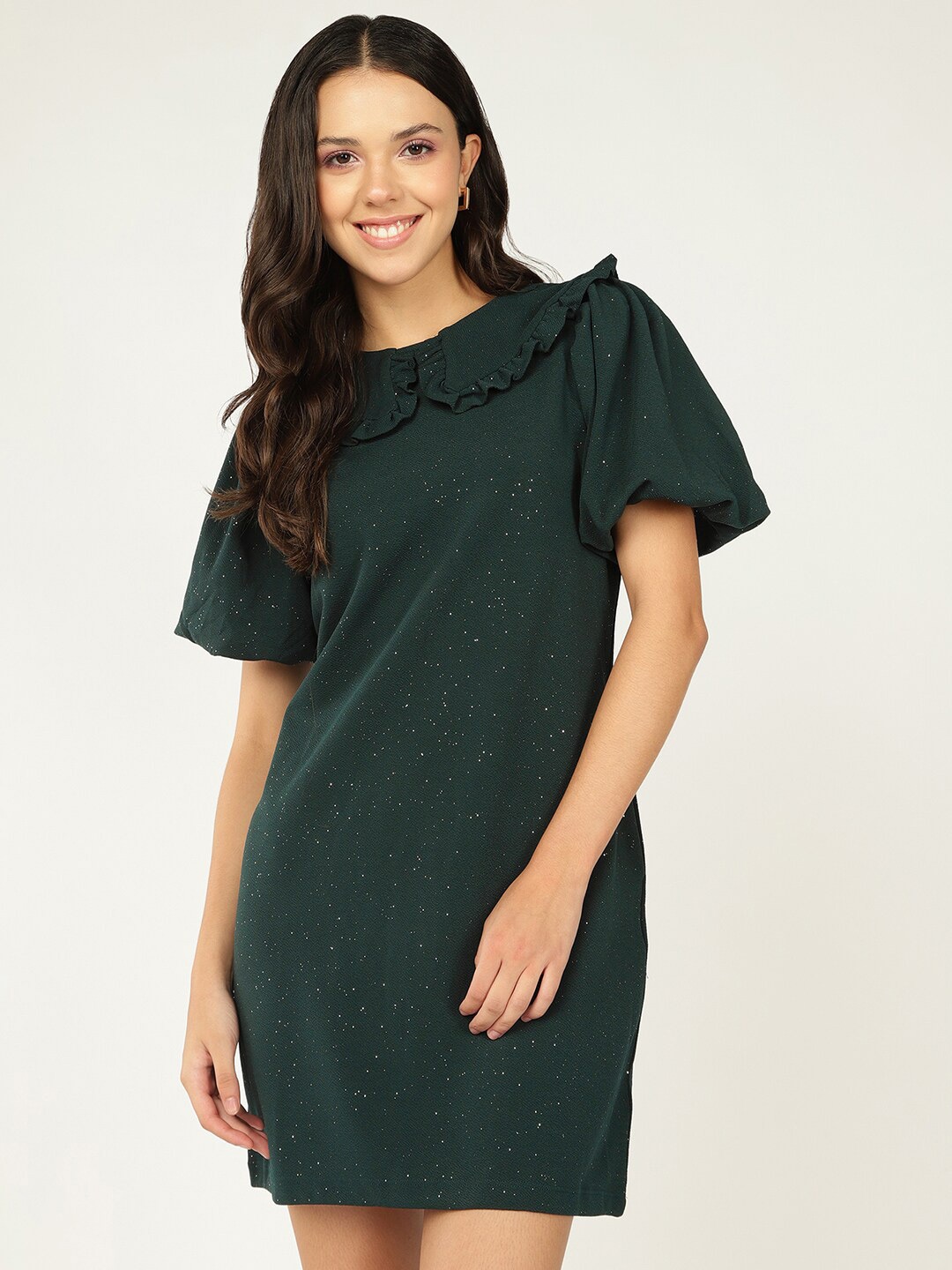 

DressBerry Peter Pan Collar Puff Sleeves A-Line Dress, Green