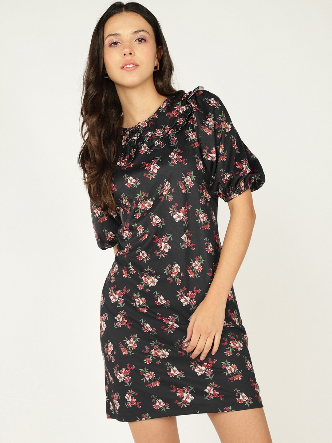 

DressBerry Floral Printed Puff Sleeve A-Line Dress, Black
