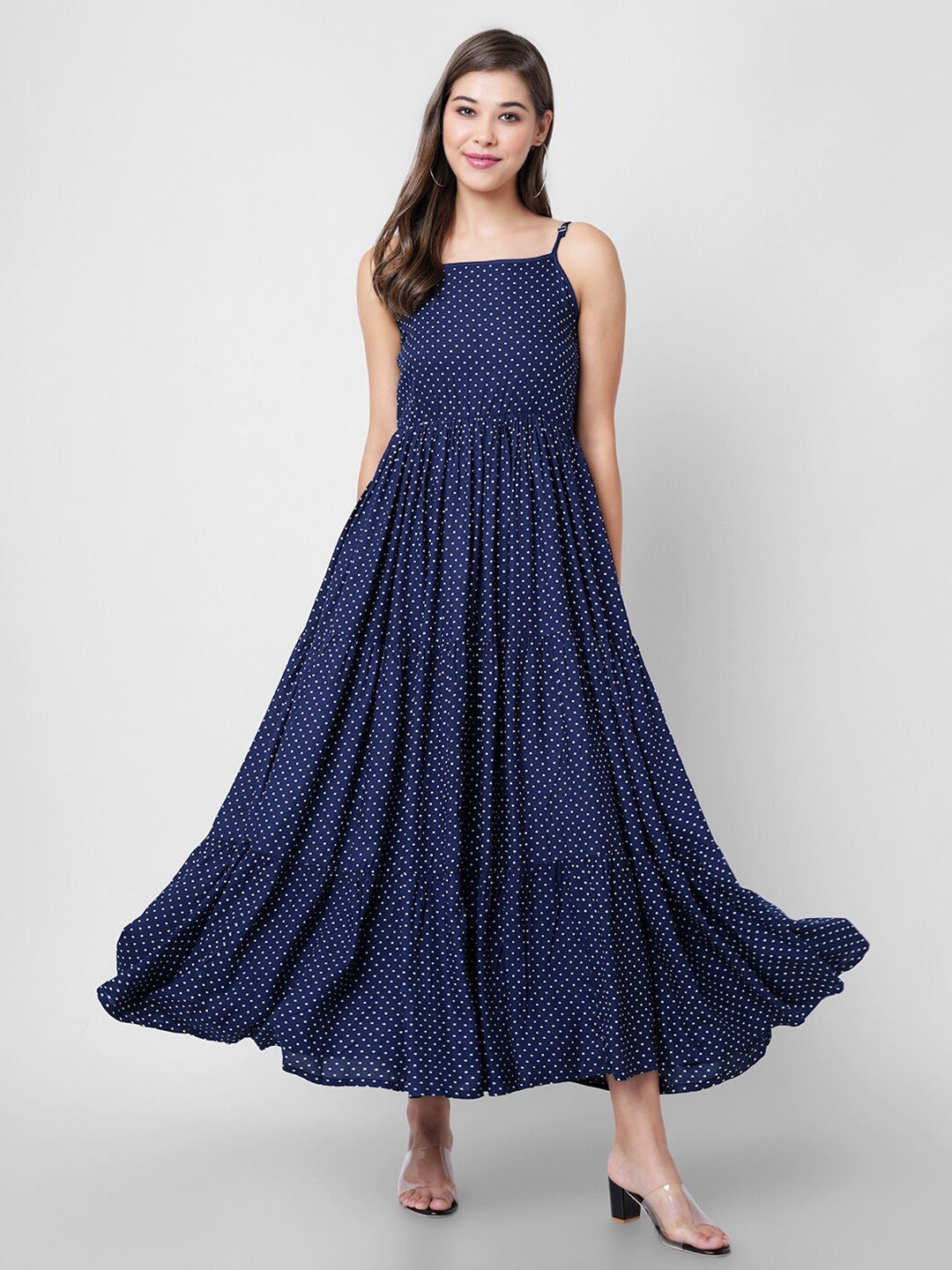 

DK FAB Polka Dot Printed Shoulder Straps Tiered Maxi Dress, Blue