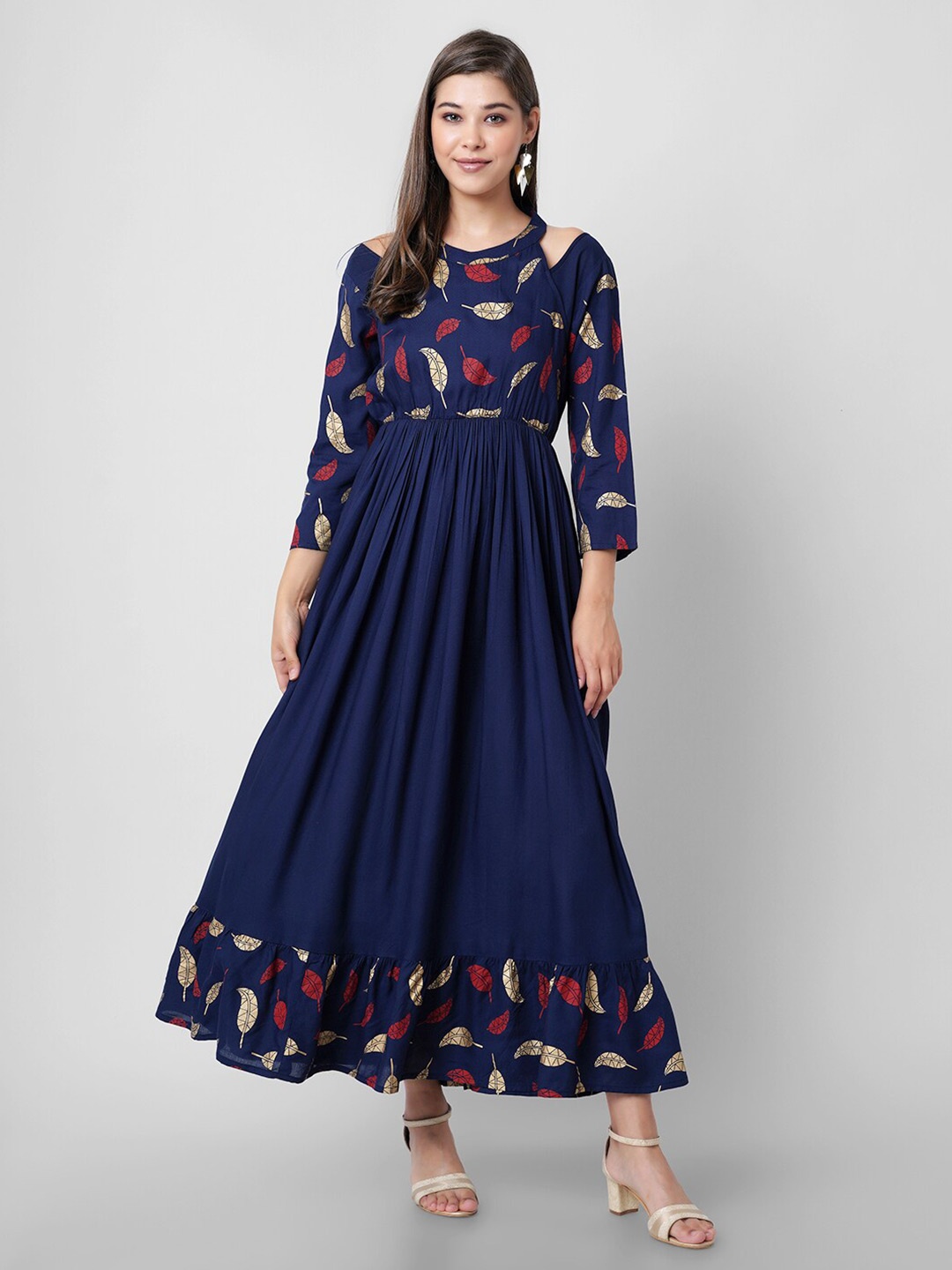 

DK FAB Floral Printed Cold-Shoulder Sleeves Fit & Flare Maxi Dress, Blue