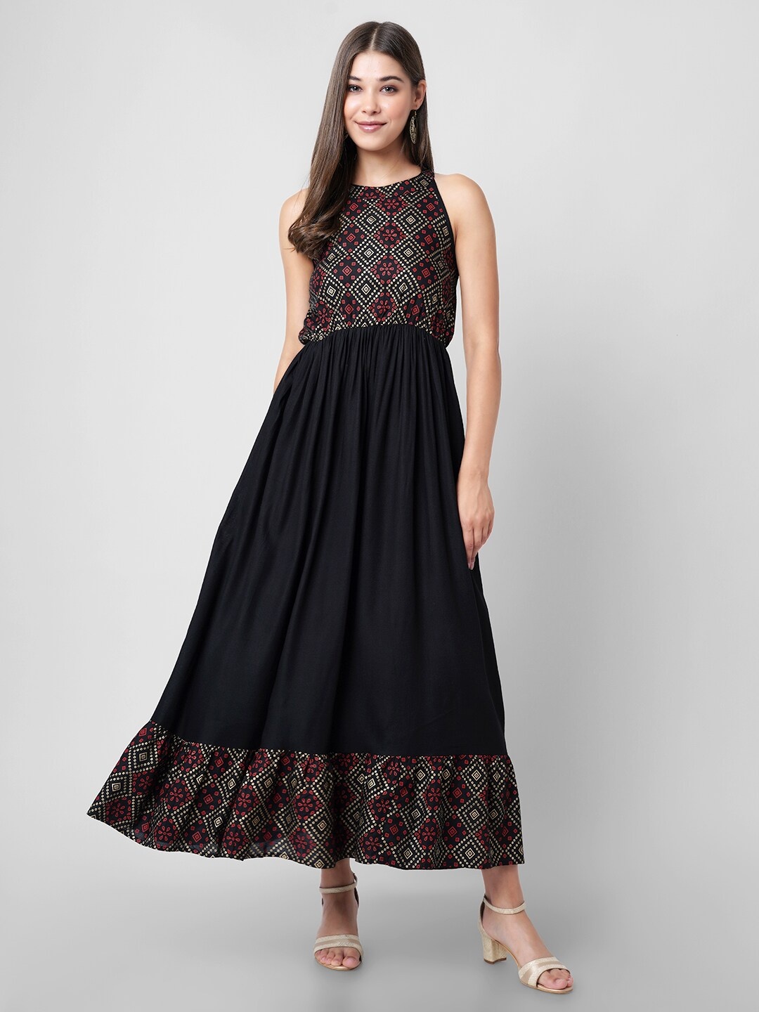

DK FAB Ethnic Motifs Embroidered Fit & Flare Dress, Black