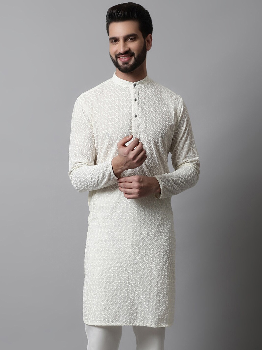 

Jompers Men Cream-Coloured Geometric Thread Work Kurta