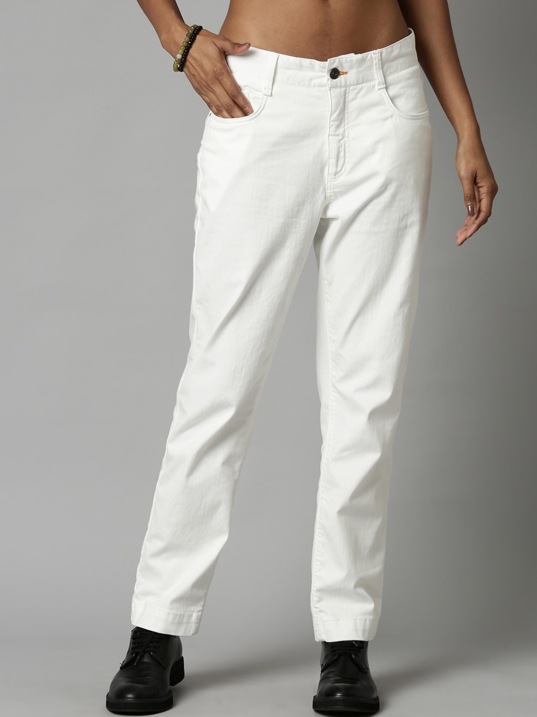 

Breakbounce Women Comfort Slim Fit Cotton Trousers, Off white
