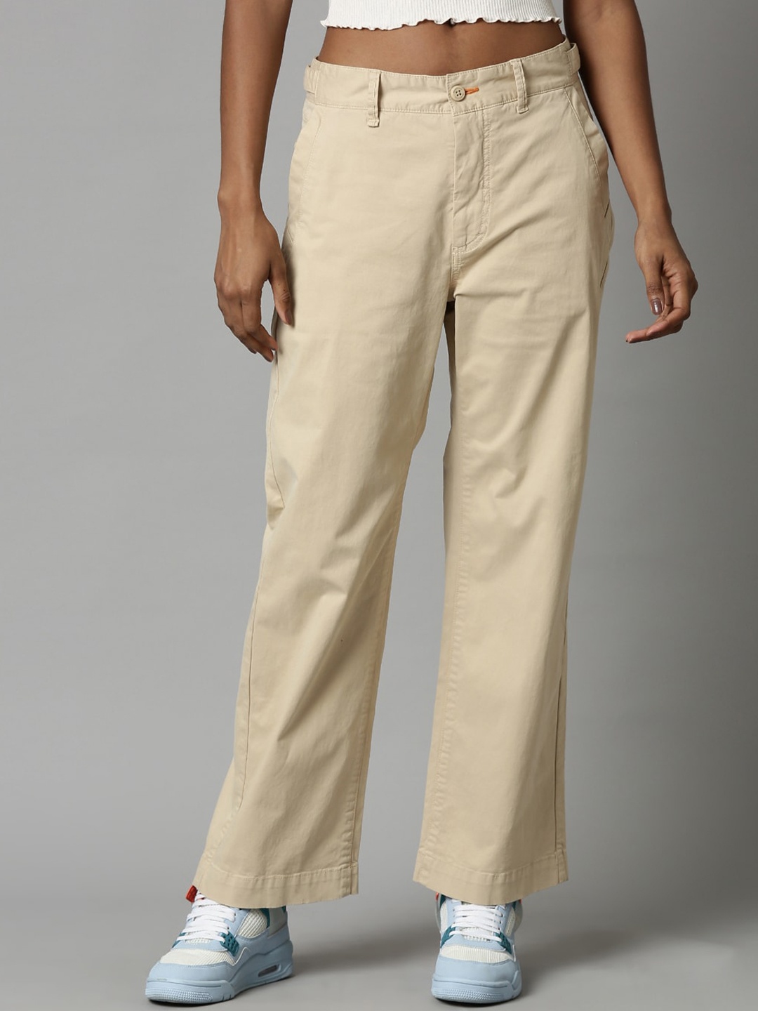 

Breakbounce Women Comfort Straight Fit Cotton Trousers, Beige
