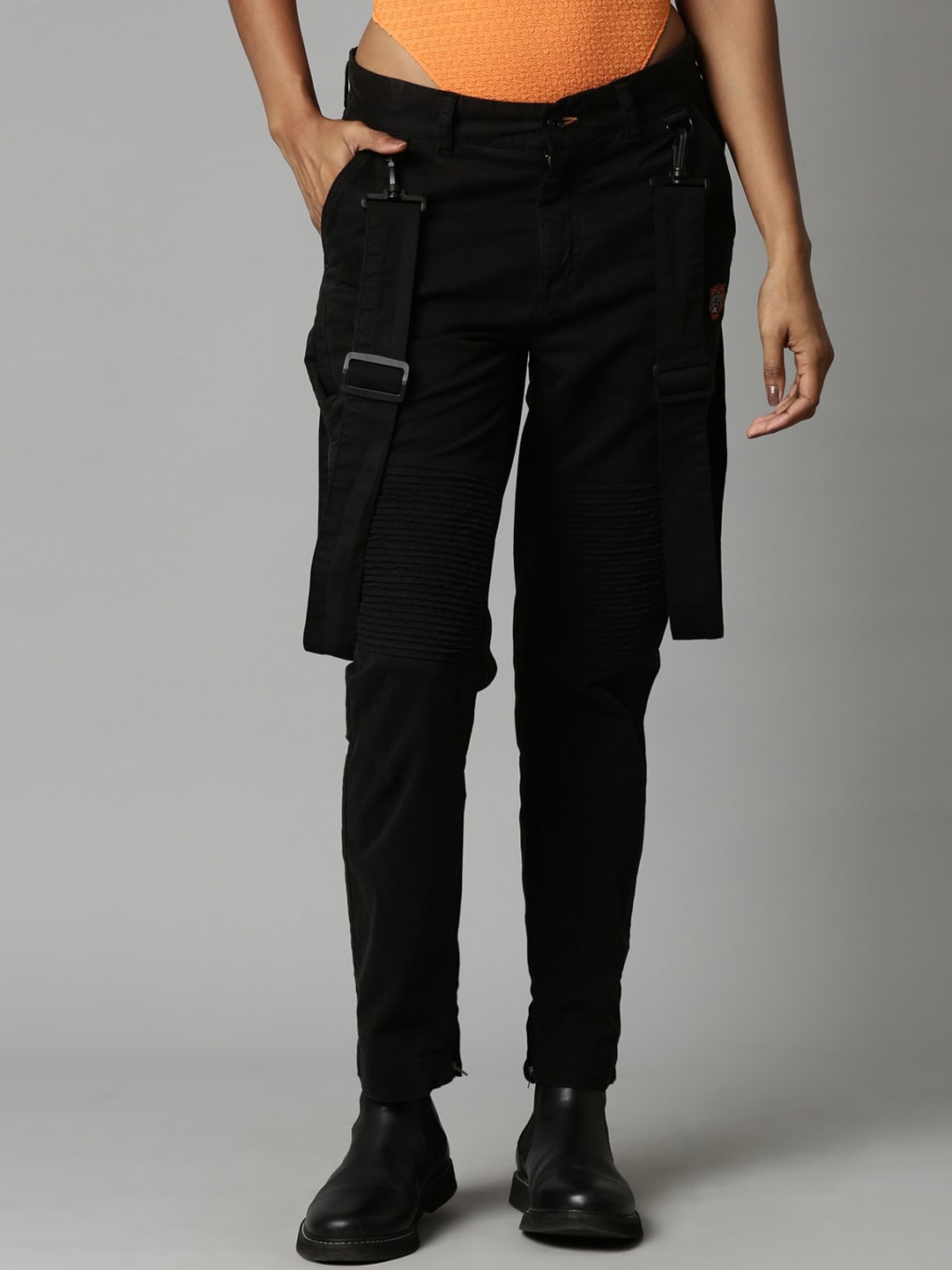

Breakbounce Women Comfort Slim Fit Cotton Cargos, Black