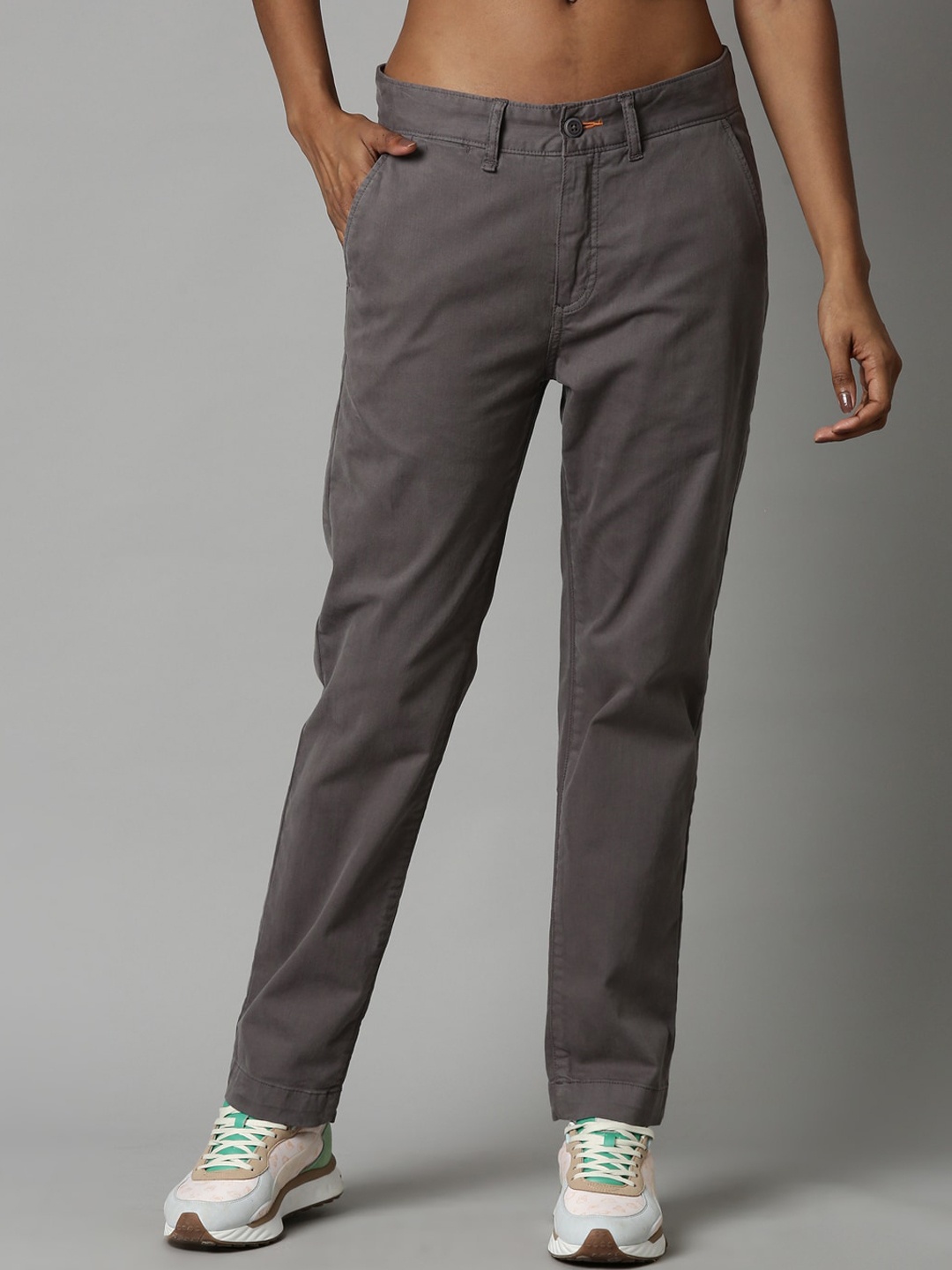 

Breakbounce Women Comfort Slim Fit Cotton Chinos Trousers, Grey