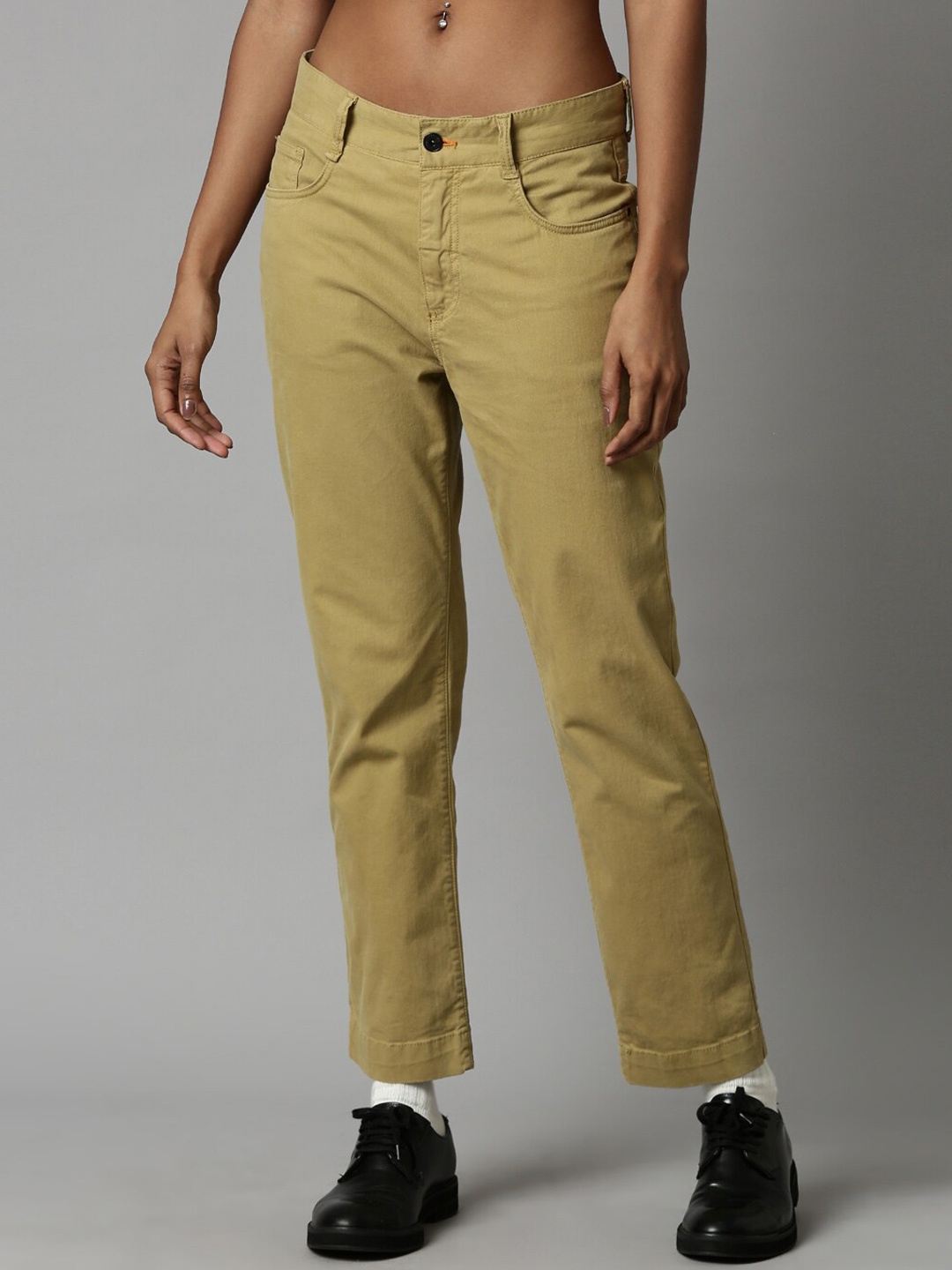 

Breakbounce Women Comfort Slim Fit Cotton Chinos Trousers, Khaki