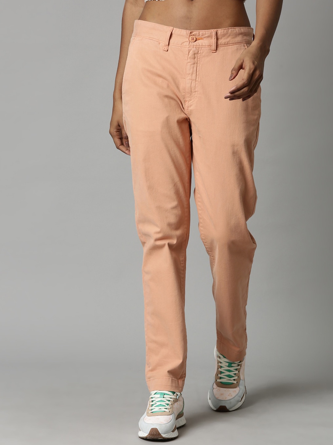

Breakbounce Women Comfort Slim Fit Cotton Trousers, Beige