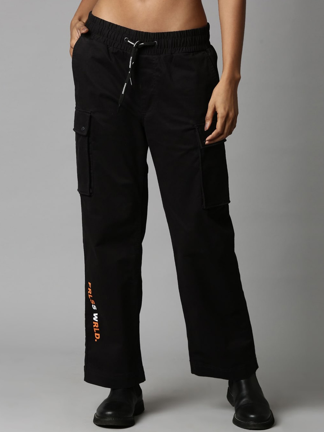 

Breakbounce Women Comfort Straight Fit Cotton Cargos Trousers, Black
