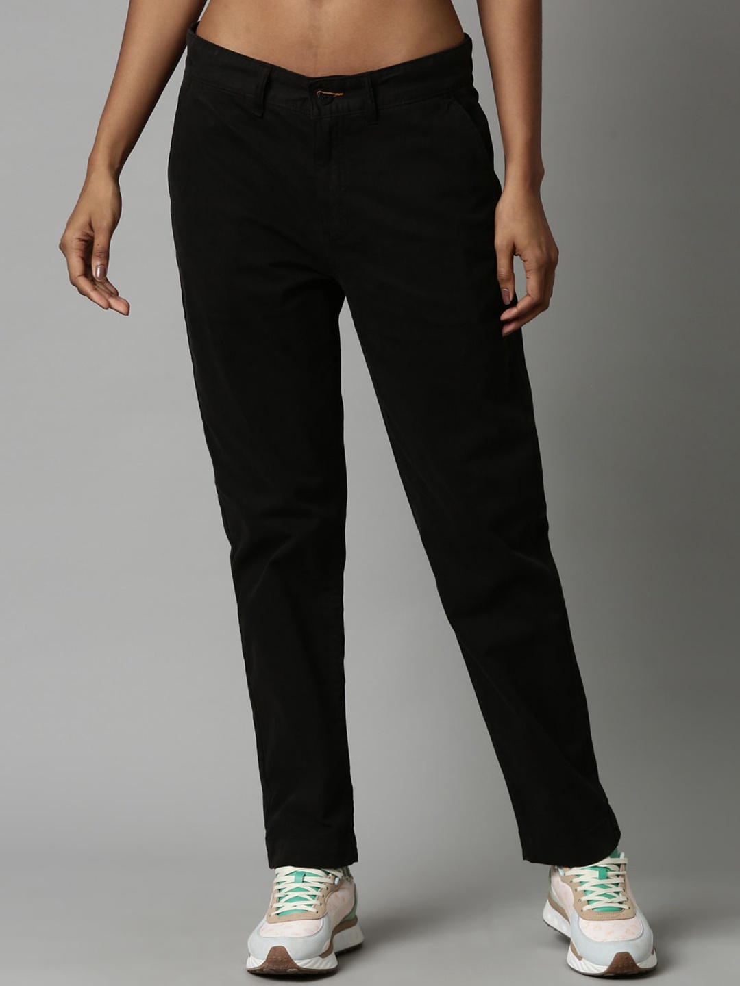 

Breakbounce Women Comfort Slim Fit Cotton Trousers, Black