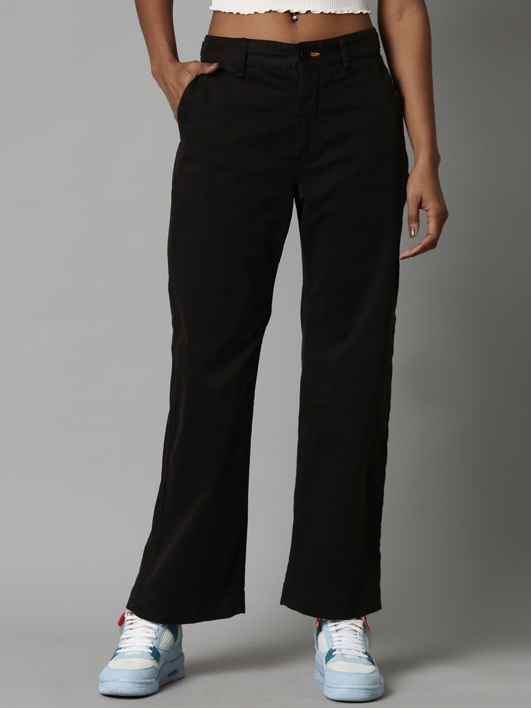 

Breakbounce Women Comfort Straight Fit Cotton Trousers, Black