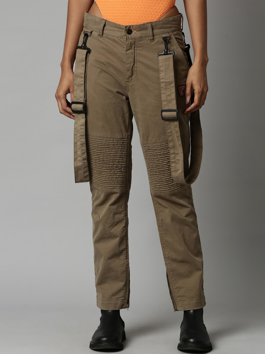

Breakbounce Women Comfort Slim Fit Cotton Cargos Trousers, Olive