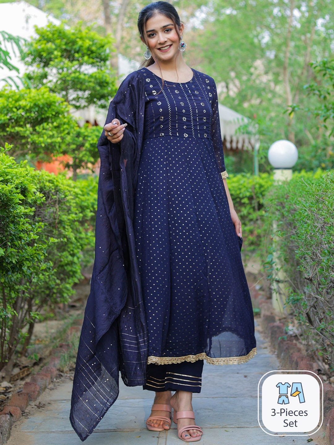 

misbis Ethnic Motifs Printed Sequinned Kurta with Trousers & With Dupatta, Blue
