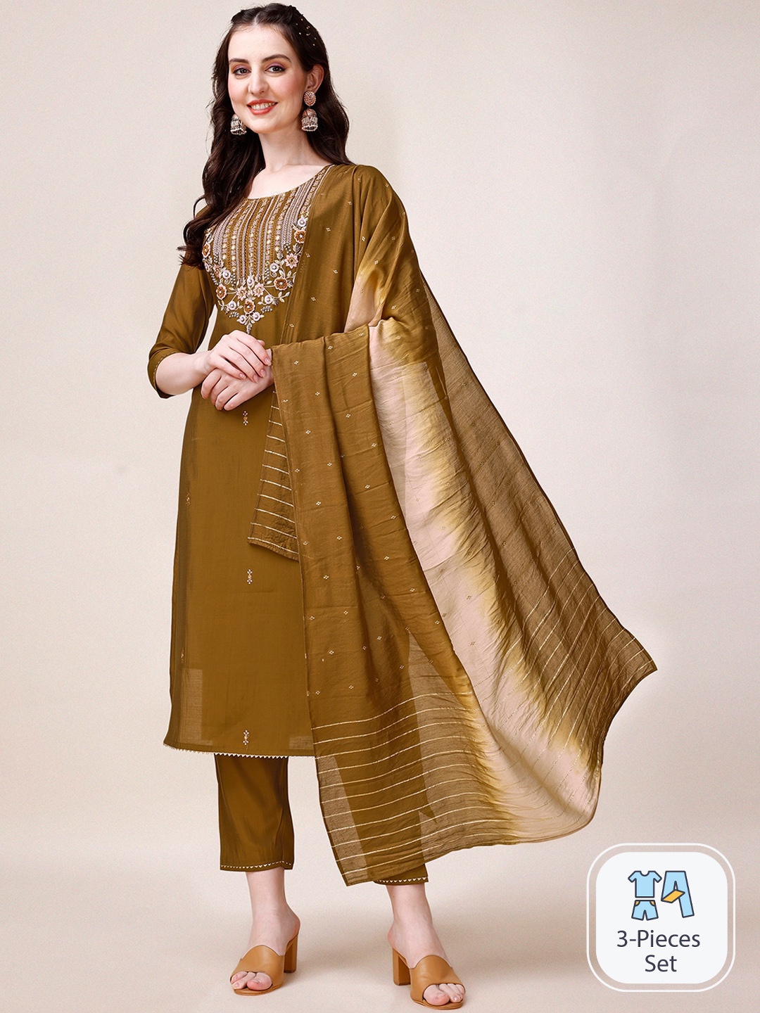 

Berrylicious Floral Embroidered Regular Beads and Stones Kurta & Trousers With Dupatta, Olive