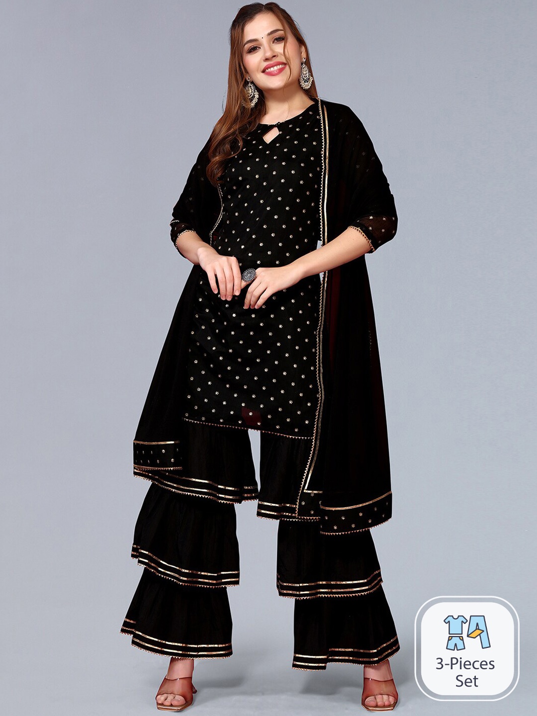 

SKYLEE Black Floral Printed Kurta With Sharara & Dupatta