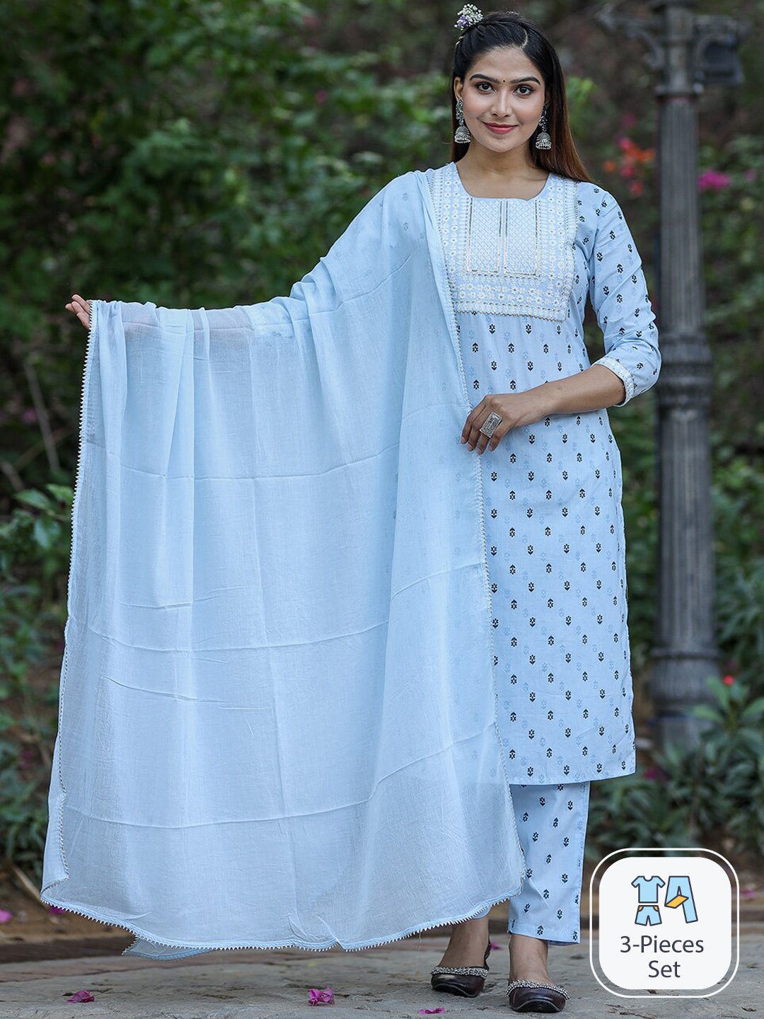 

KALINI Floral Printed Regular Thread Work Pure Cotton Kurta With Trousers & Dupatta, Blue