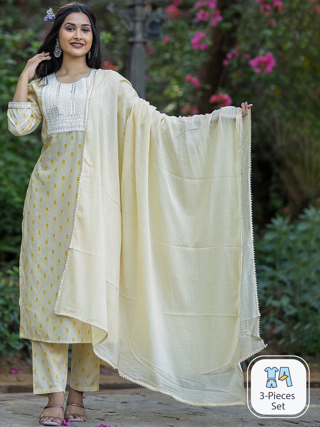 

KALINI Ethnic Motifs Printed Thread Work Pure Cotton Kurta With Trousers & Dupatta, Cream
