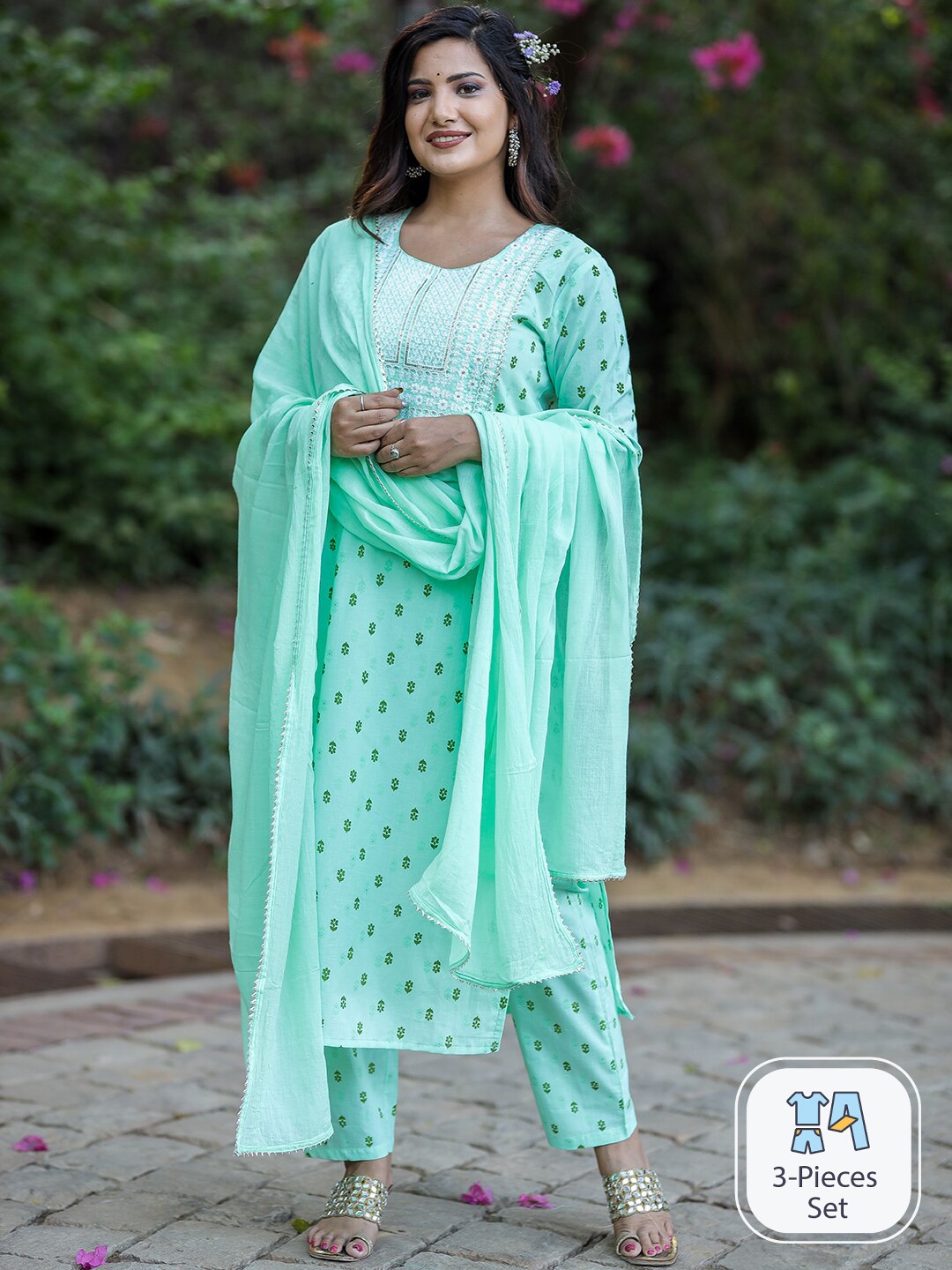 

KALINI Floral Printed Regular Thread Work Pure Cotton Kurta With Trousers & Dupatta, Green