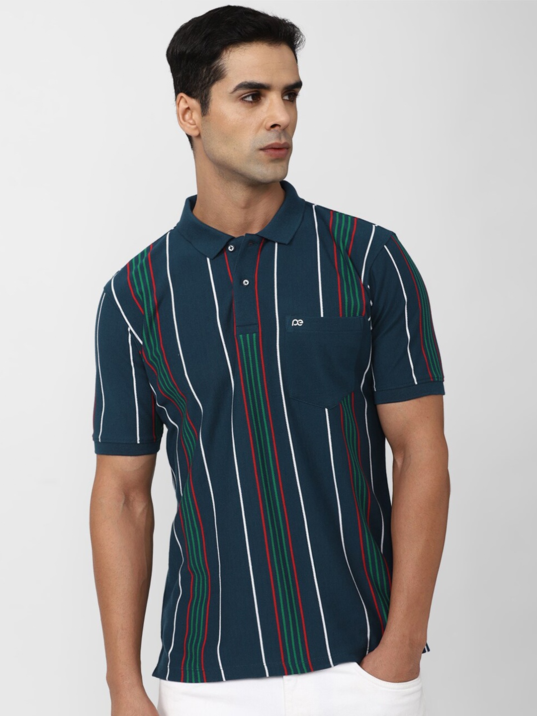 

Peter England Casuals Striped Polo Collar Regular Fit Cotton T-Shirt, Navy blue