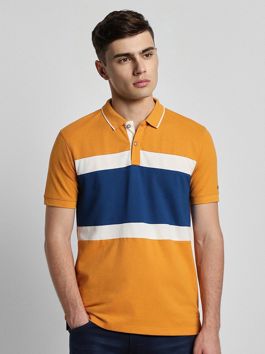 

Peter England Casuals Colourblocked Polo Collar Slim Fit T-shirt, Yellow