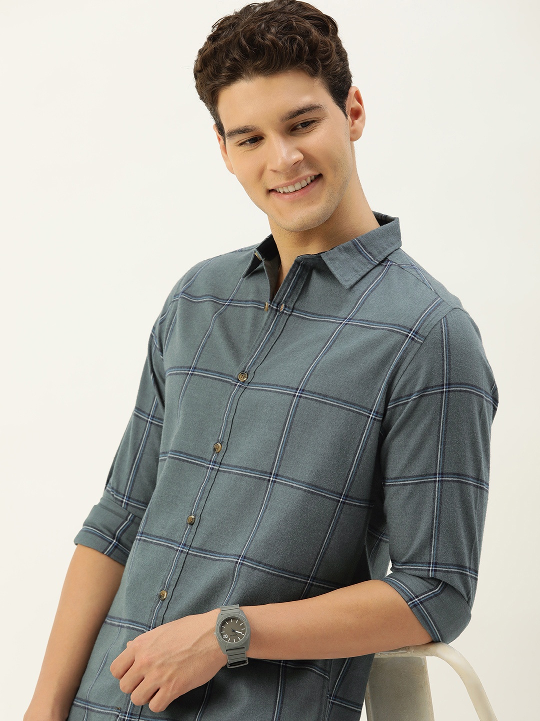 

Mast & Harbour Men Slim Fit Checked Casual Shirt, Grey