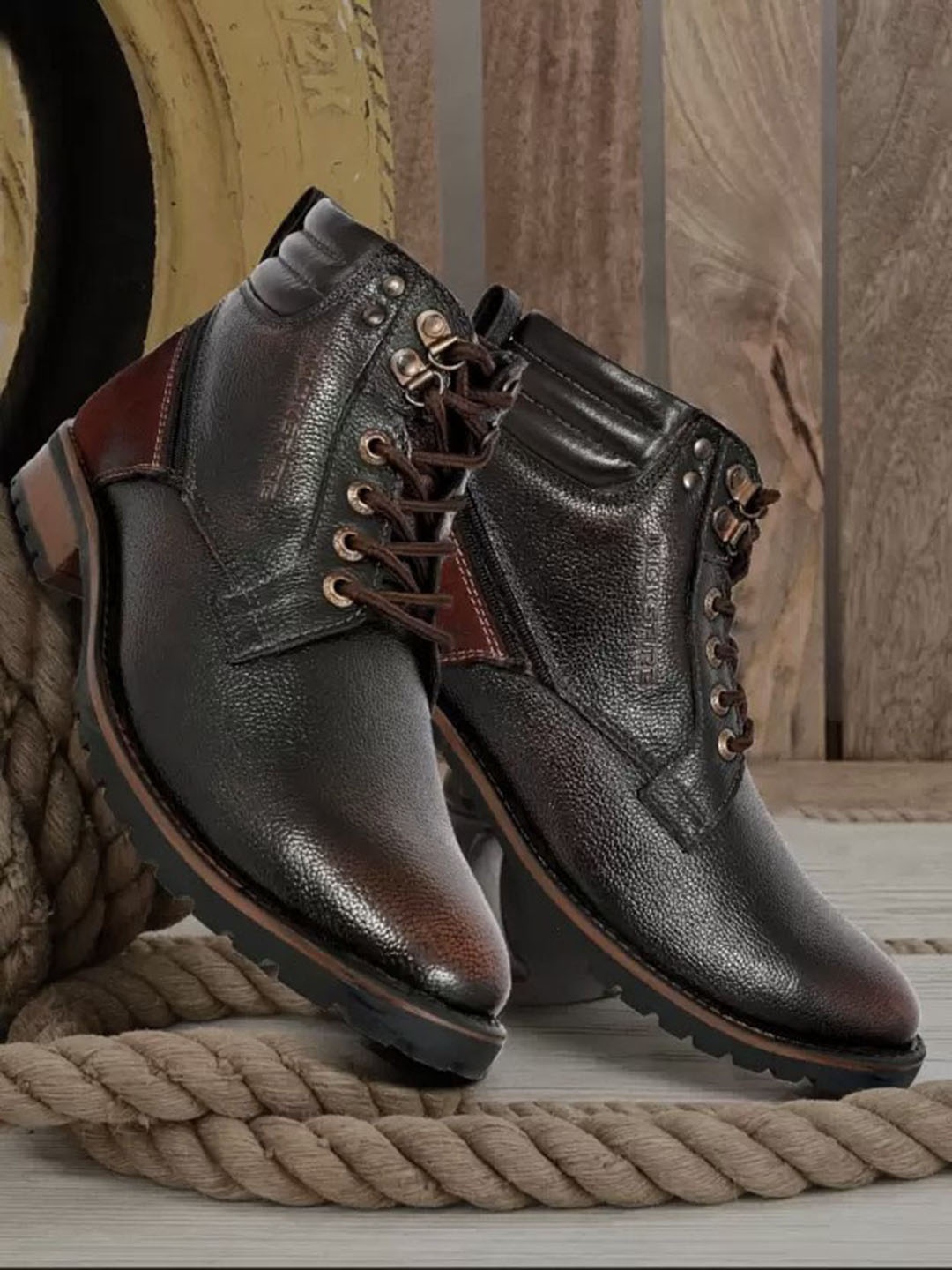 

KICKSFIRE Men Textured Genuine Leather Mid-Top Biker Boots, Brown
