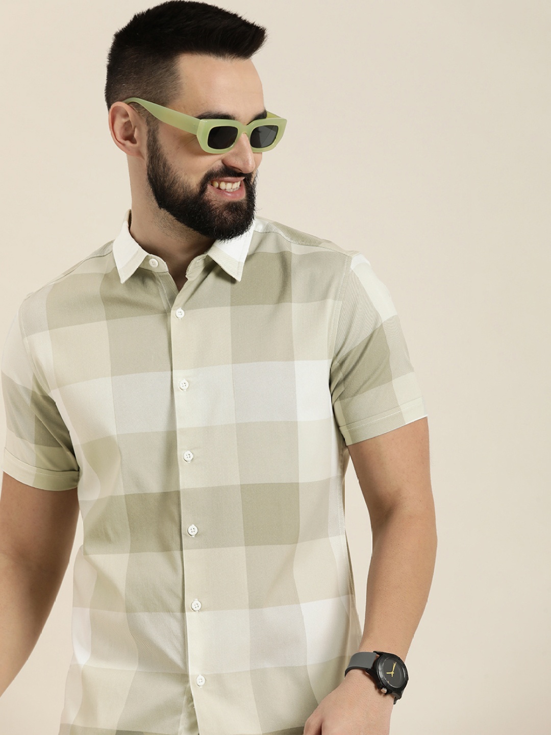 

HERE&NOW Men Slim Fit Opaque Checked Casual Shirt, Olive