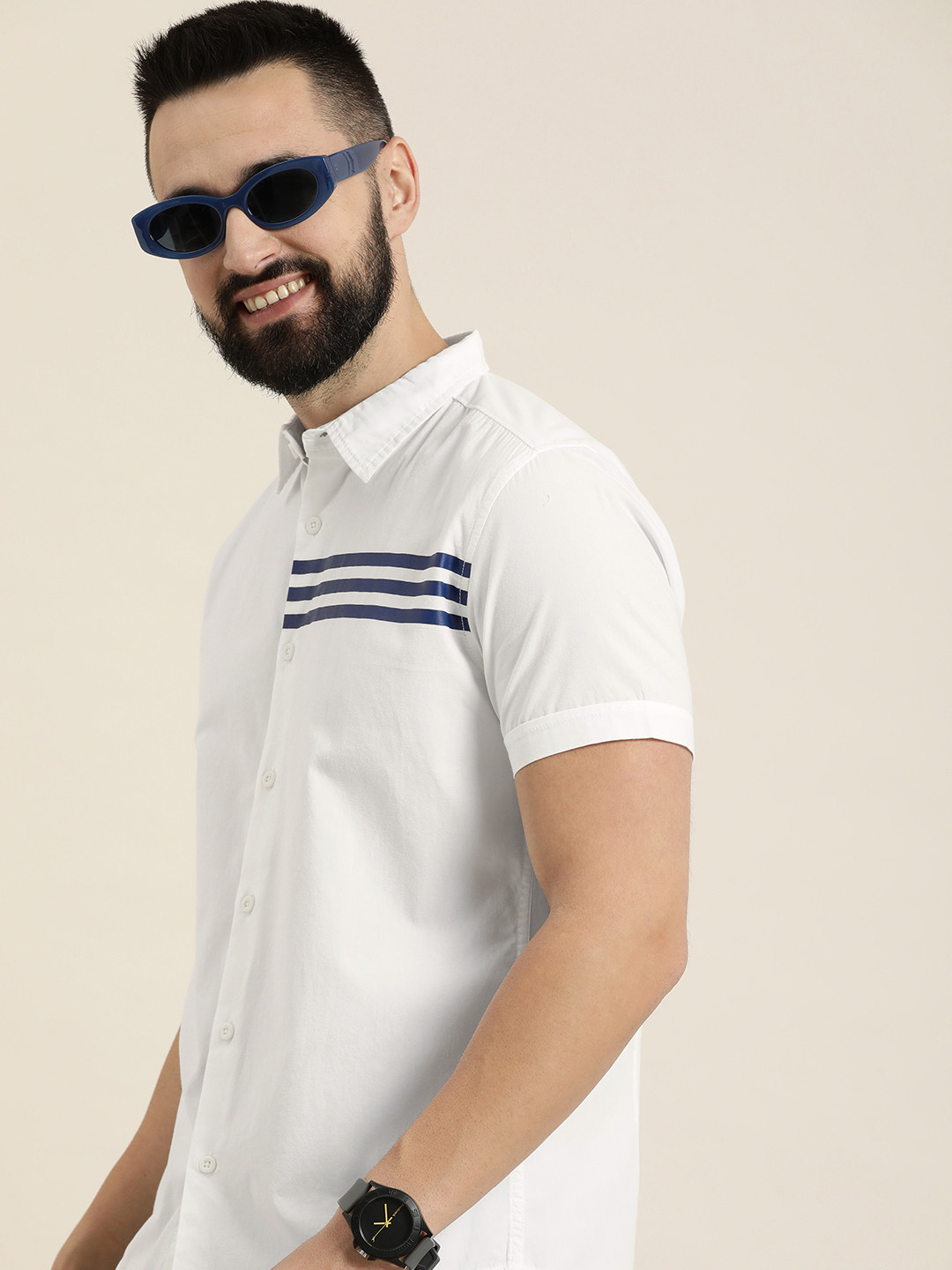 

HERE&NOW Men Slim Fit Horizontal Striped Cotton Casual Shirt, White