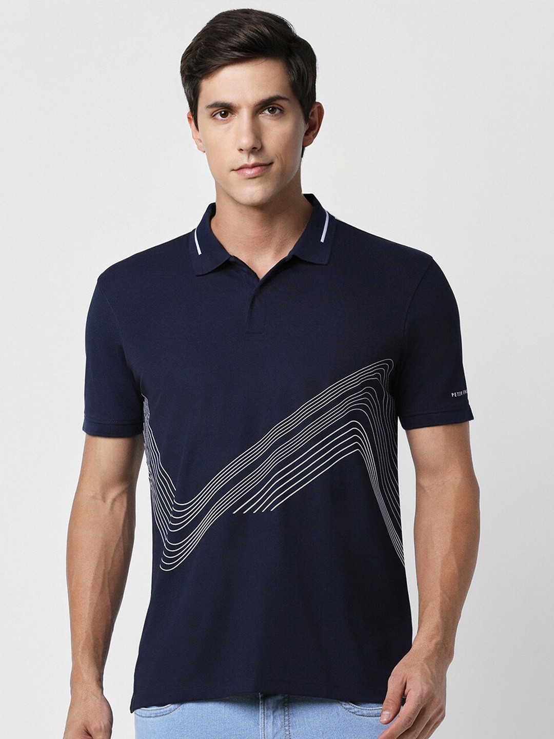 

Peter England Abstract Printed Polo Collar Slim Fit Cotton T-Shirt, Navy blue