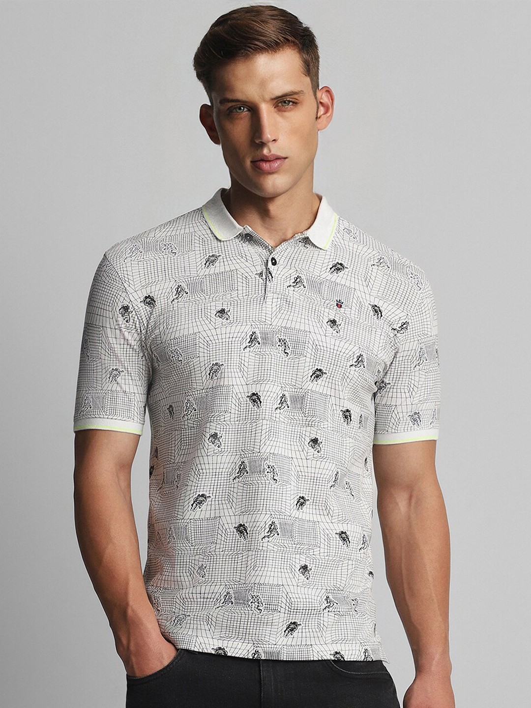 

Louis Philippe Jeans Conversational Printed Slim Fit Polo Collar Cotton T-Shirt, Grey