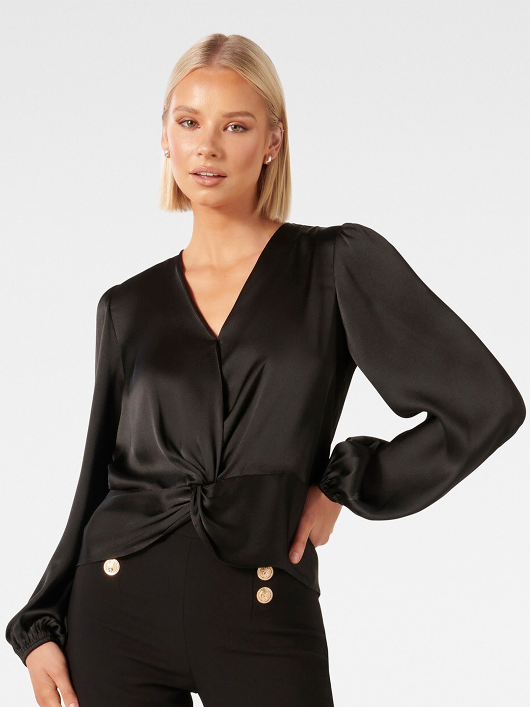 

Forever New V-Neck Puff Sleeves Gathered Cinched Waist Top, Black