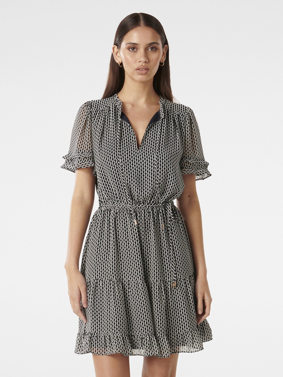 

Forever New Geometric Printed Ruffles Fit & Flare Dress, Black