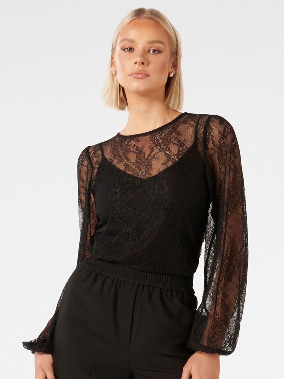 

Forever New Self Design Long Sleeves Sheer Top, Black