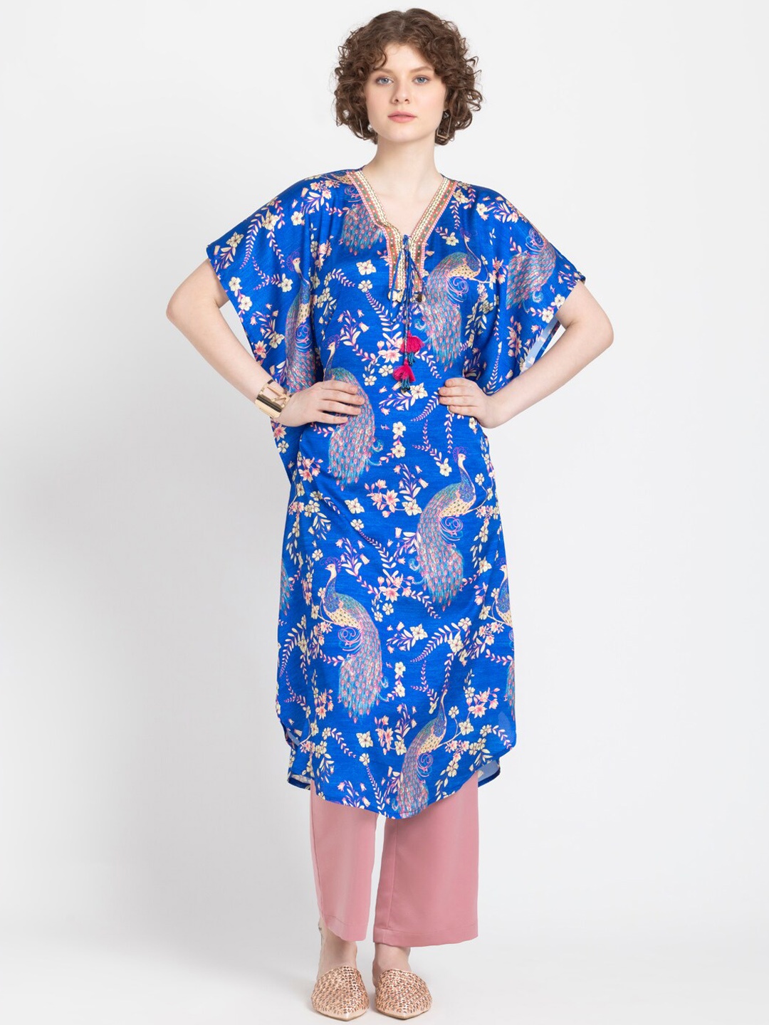 

SHAYE Floral Printed Tie Up Neck Flared Sleeves Kaftan Kurta, Blue