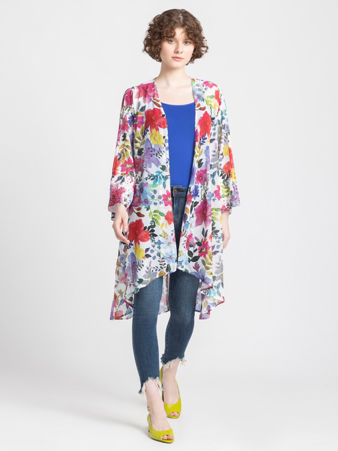 

SHAYE Floral Printed Embroidered Longline Shrug, White