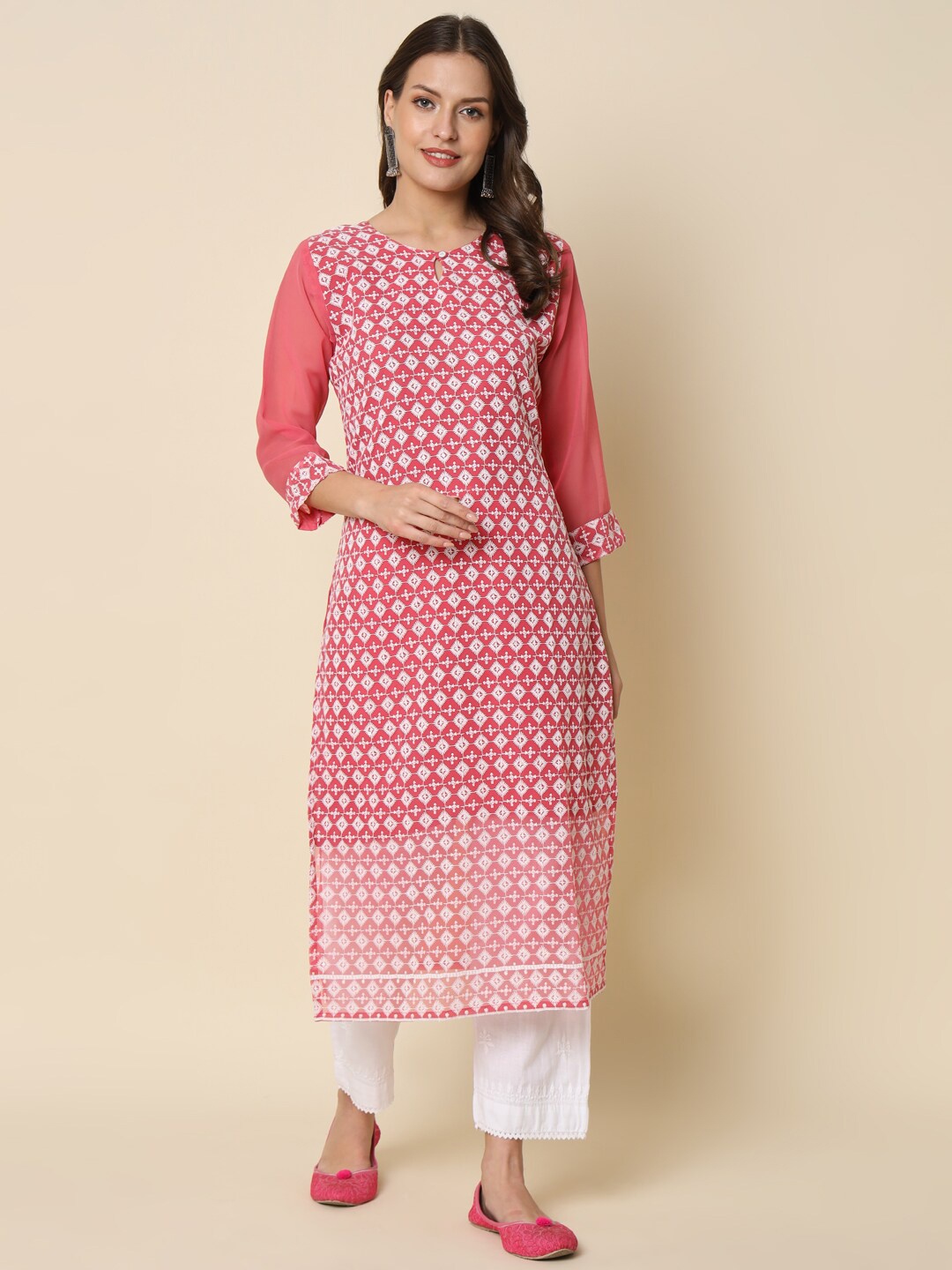 

KALINI Geometric Embroidered Keyhole Neck Chikankari Georgette Straight Kurta, Pink