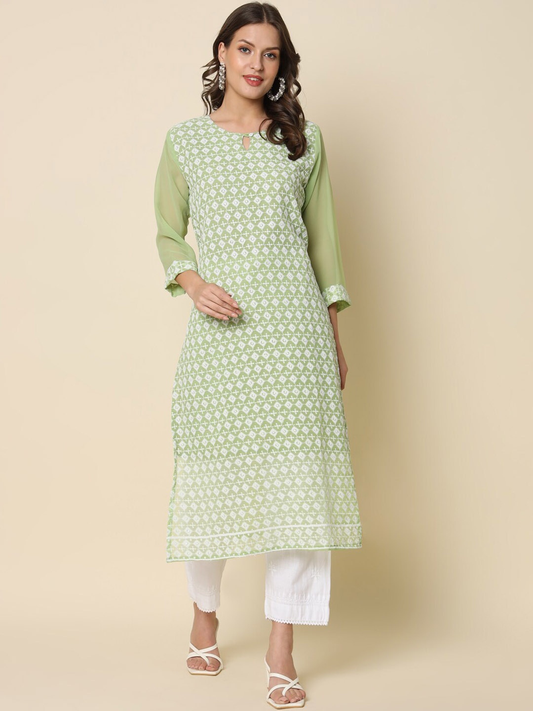 KALINI Geometric Embroidered Keyhole Neck Chikankari Straight Kurta, Green